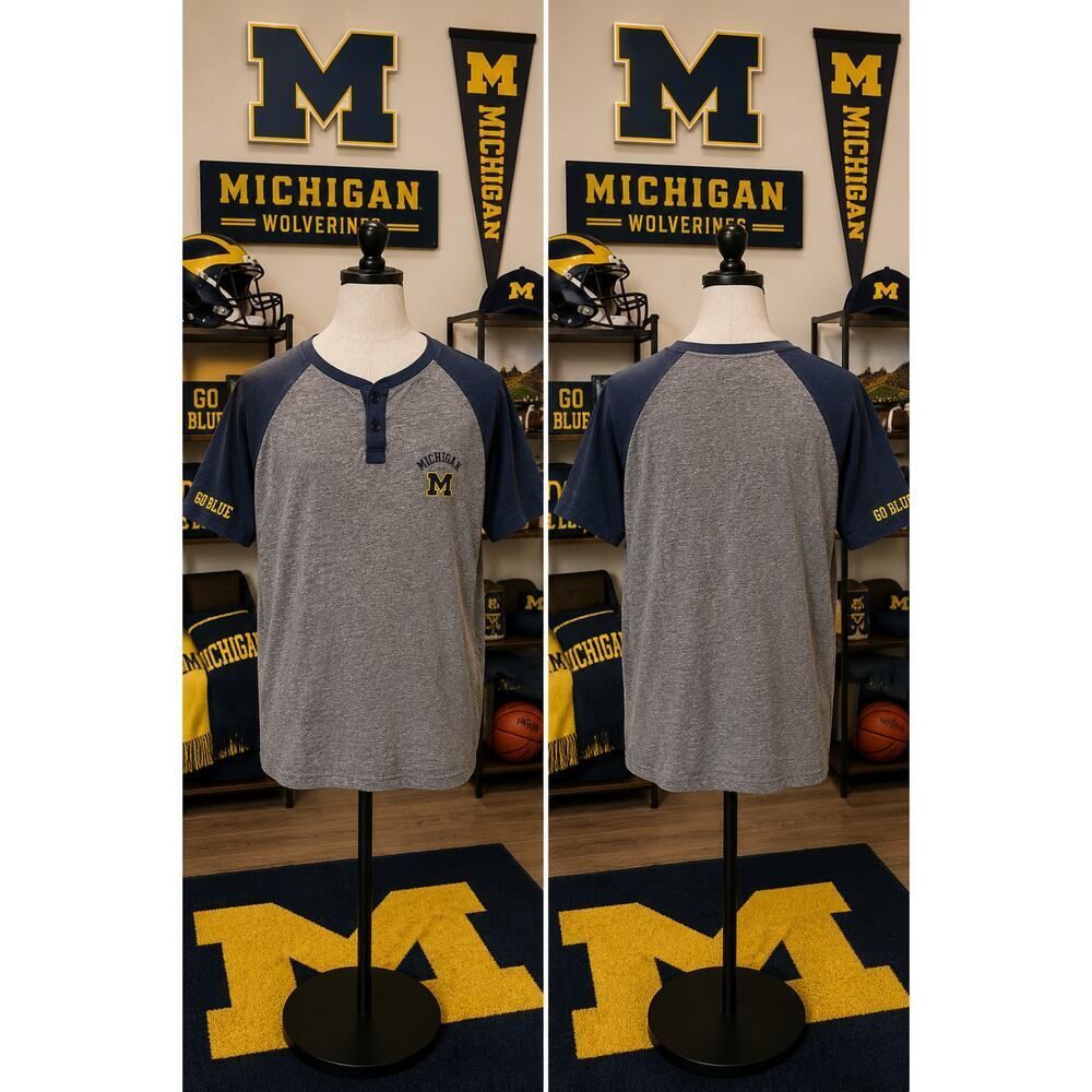 Michigan Wolverines Henley Raglan Tee Go Blue Embroidered Size L
